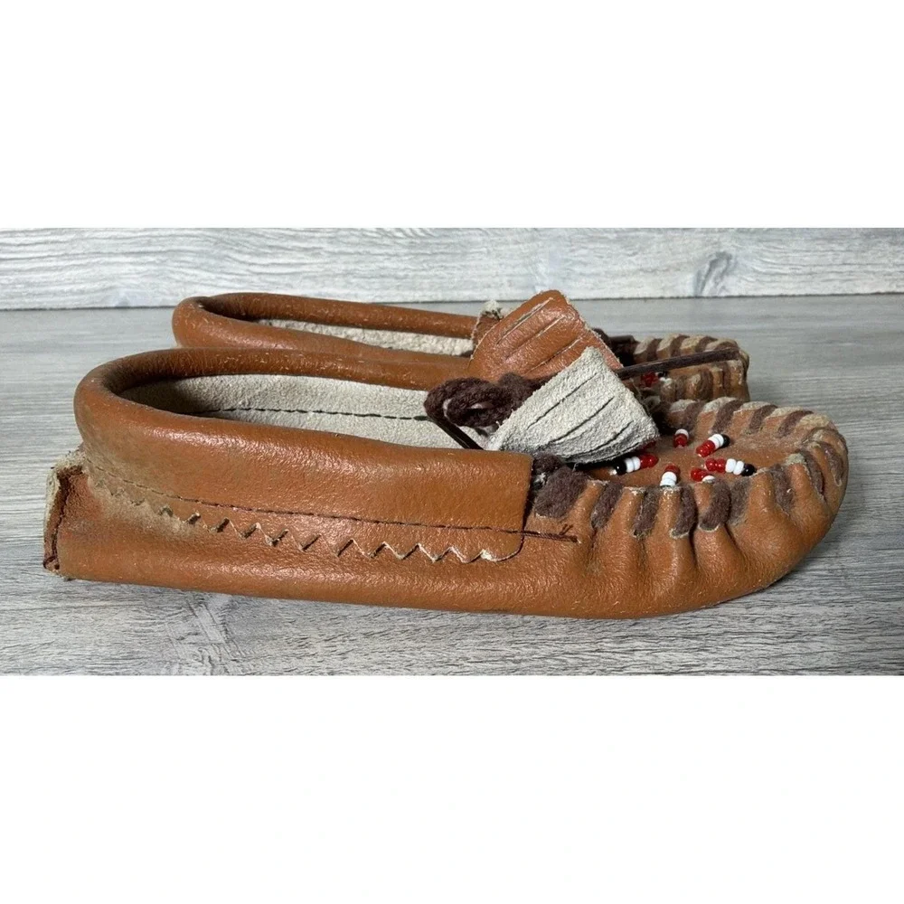 Vtg Handmade Beaded Leather Moccasins Infant Toddler Brown Soft Leather Size 6